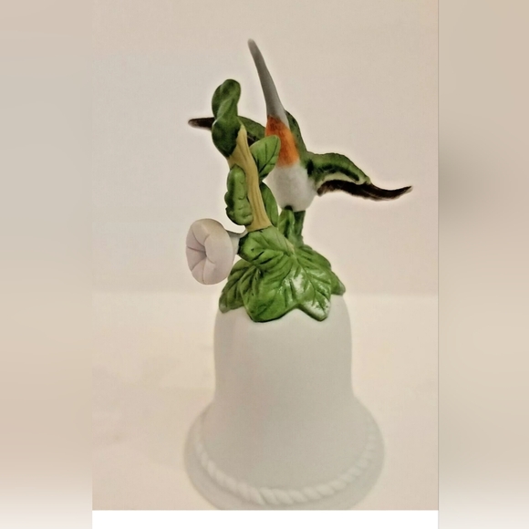 Ruby Throated Hummingbird Handpainted Porcelain White Bell w/Floral Decor - Picture 4 of 8